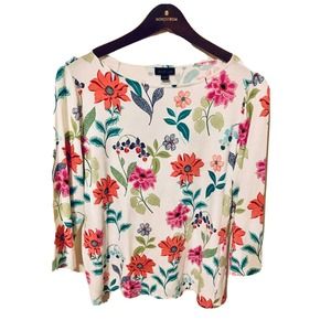 J Jill Wearever White Floral Soft Stretch 3/4 Sleeve Women's Top Size Medium
